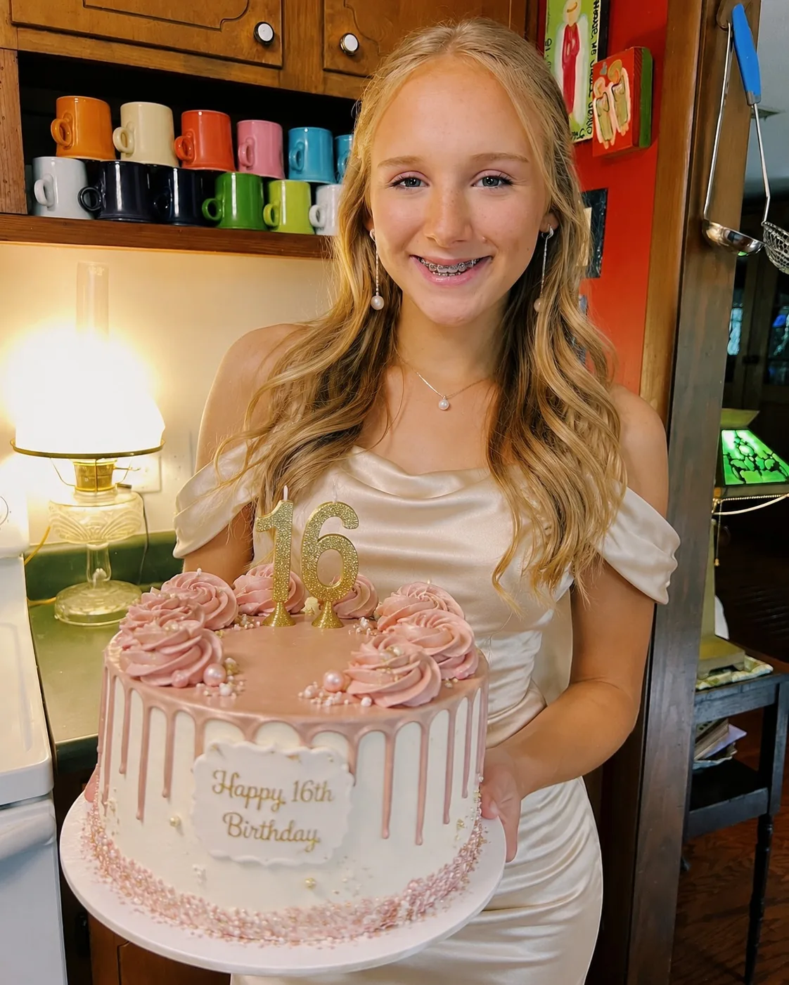 A decorated birthday cake in a home kitchen