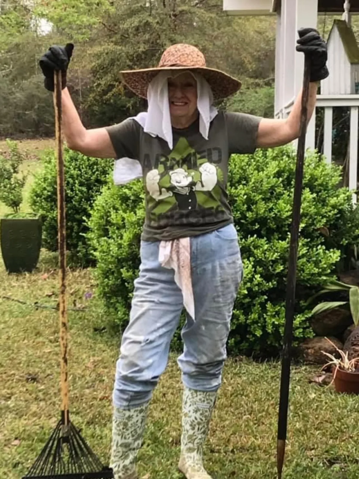 Brenda Gantt dressed for hands-on garden work