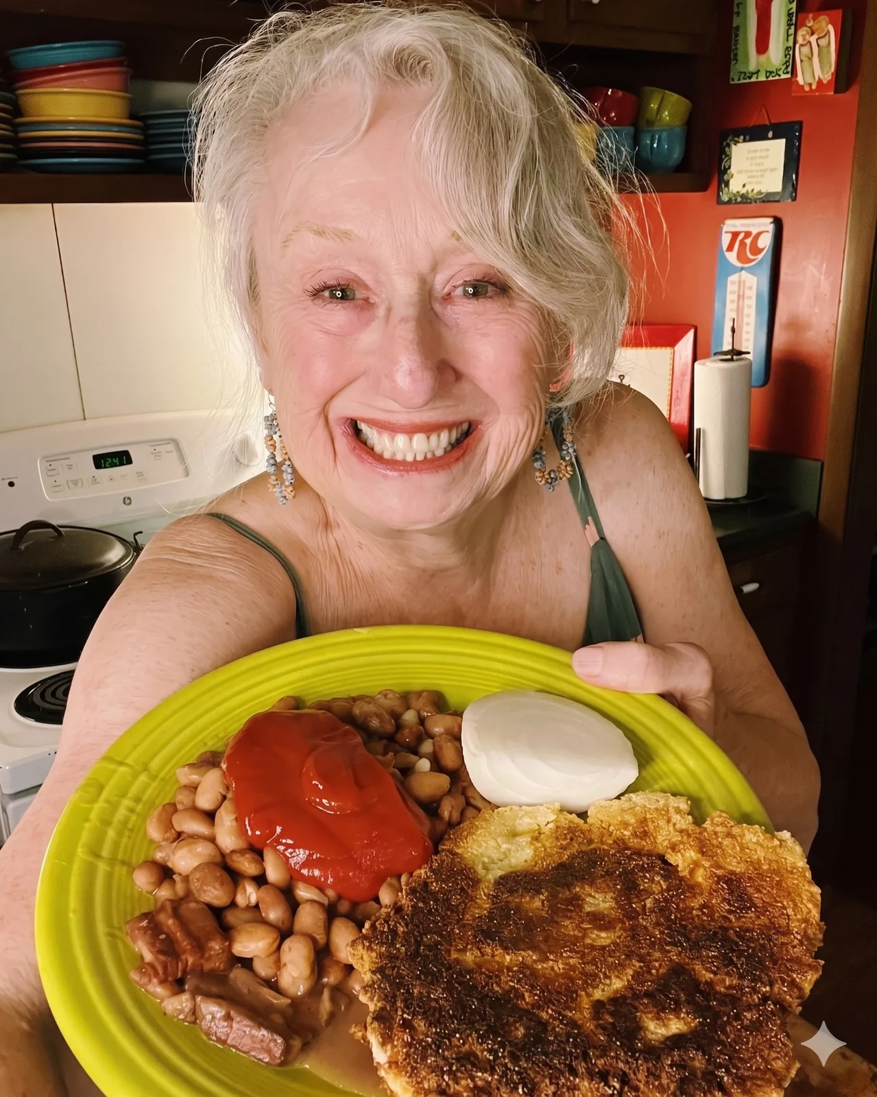 Brenda Gantt holding a home-cooked plate in her kitchen