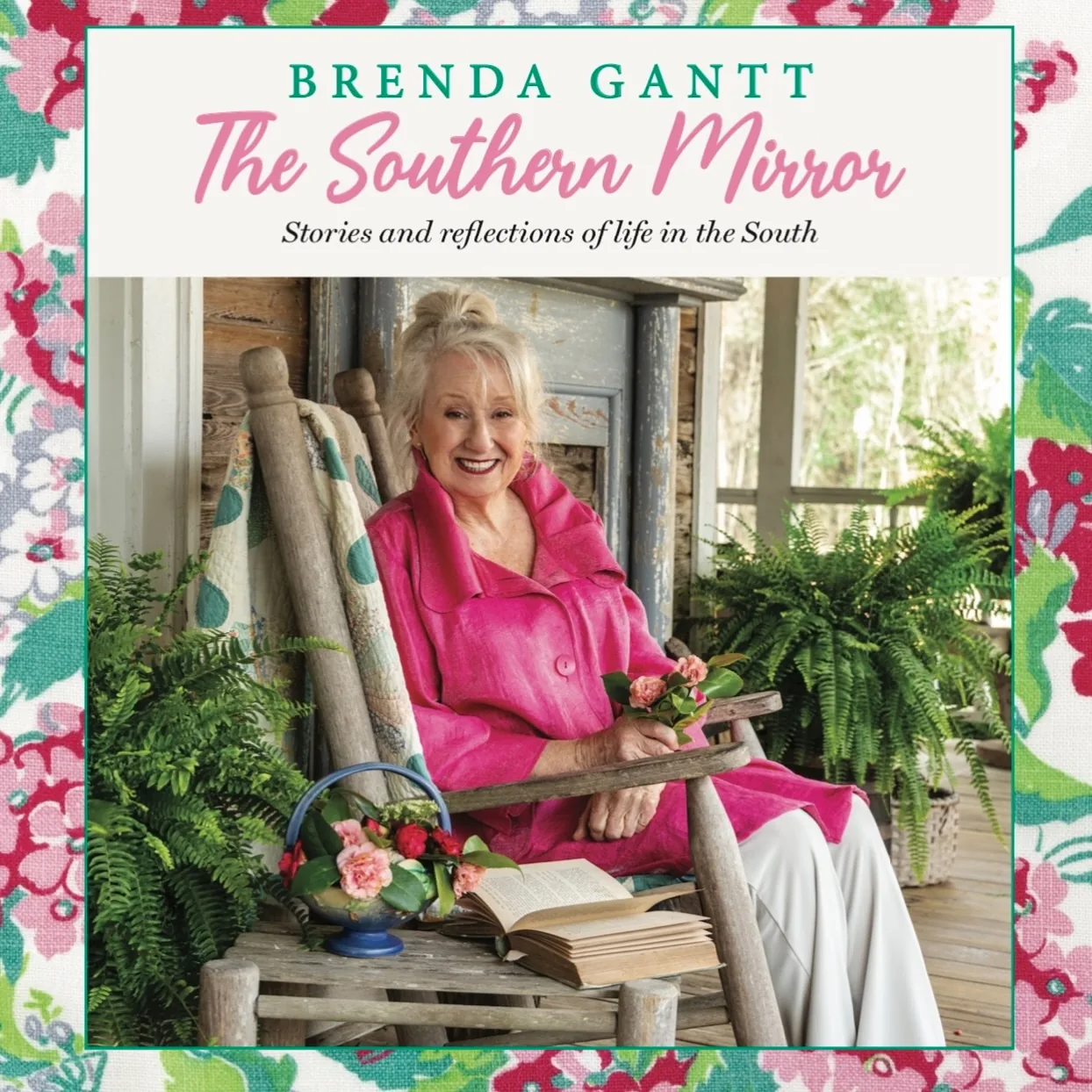 Cover of Brenda Gantt's The Southern Mirror, featuring Brenda seated on a porch with books and flowers