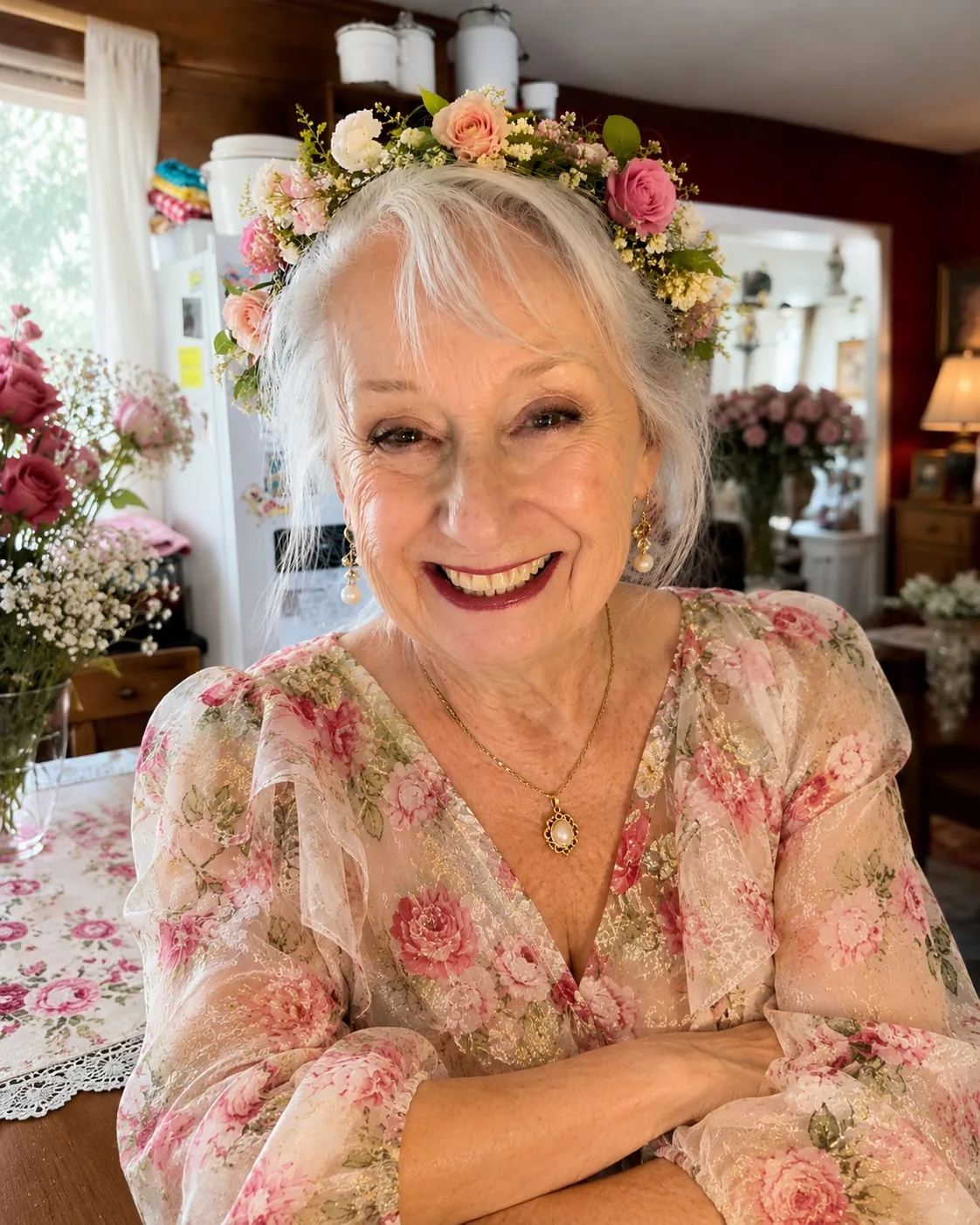 Brenda smiling at a flower-covered table while wearing a floral dress and flower crown