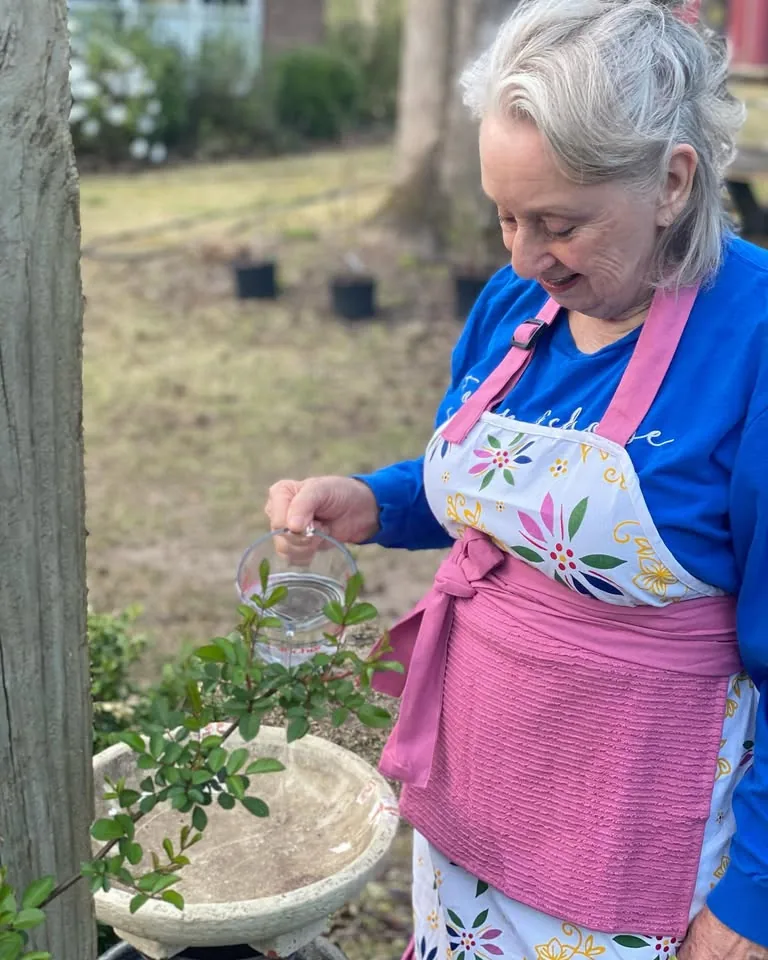 Working carefully among garden plants
