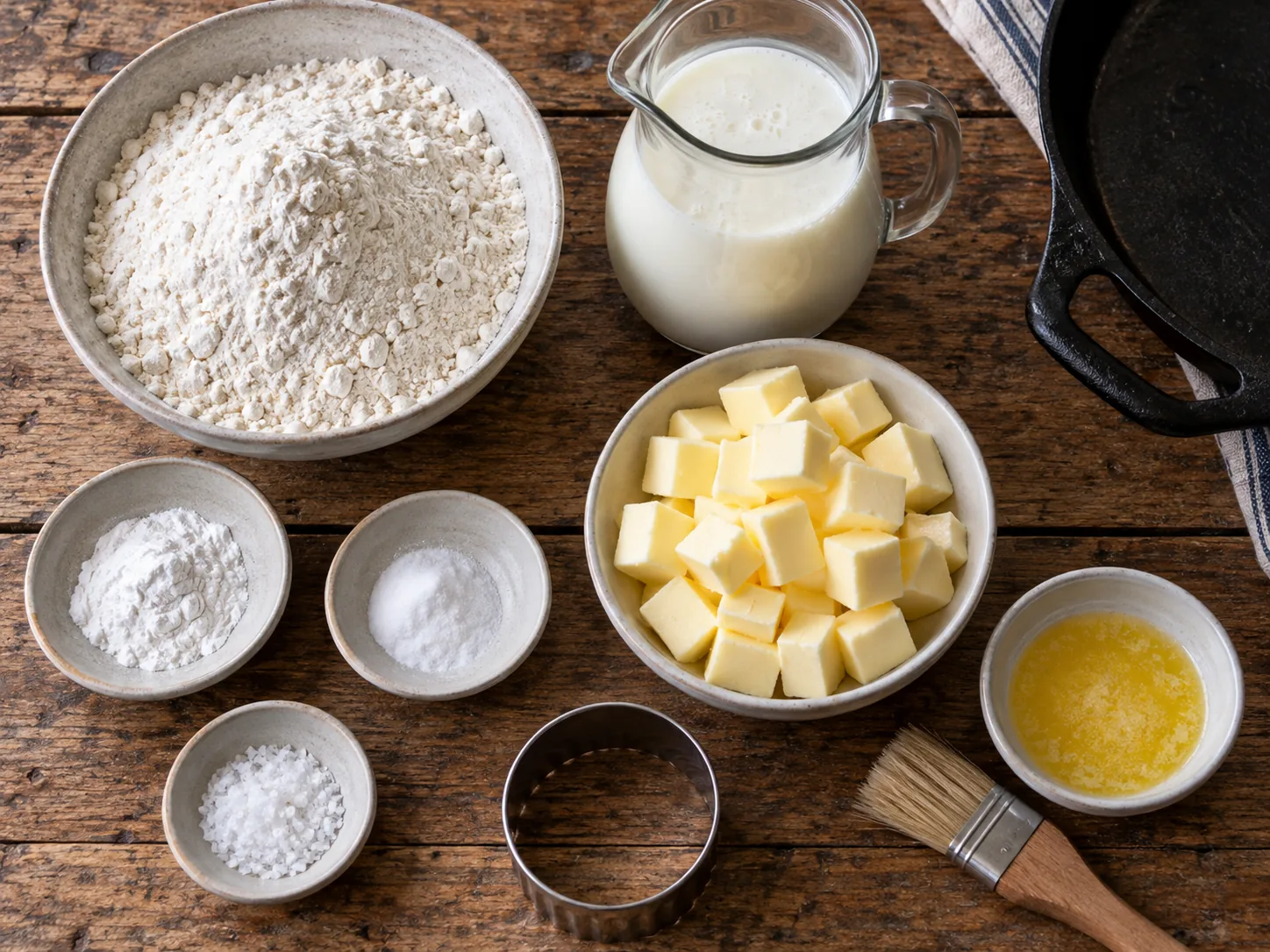 Measured flour leaveners cold butter and buttermilk for biscuits