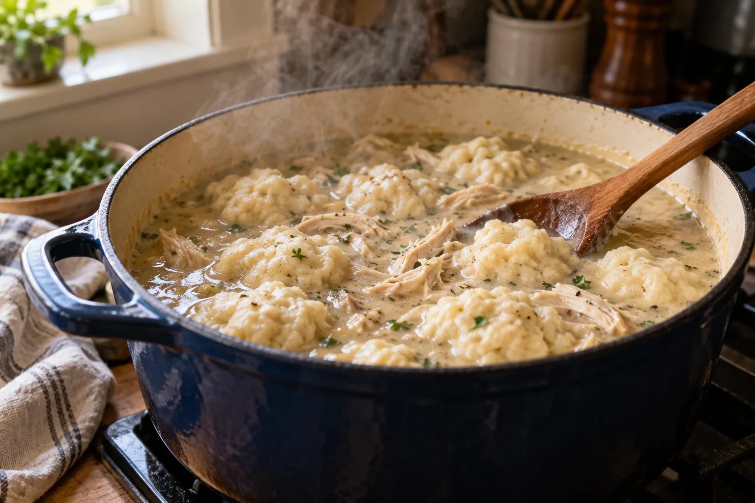 Chicken and Dumplings cooking process — AI-generated food photography