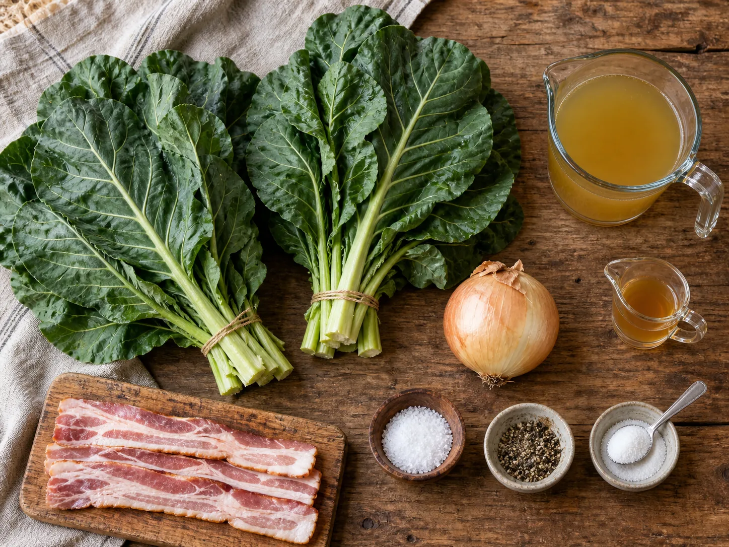 Fresh collard greens, bacon, onion, broth, vinegar, sugar, salt and pepper
