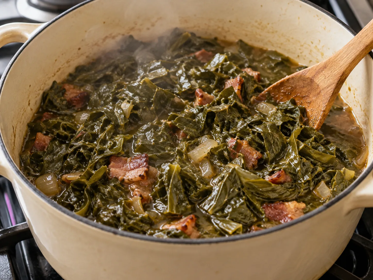 Collard greens simmering with bacon and onion in a Dutch oven