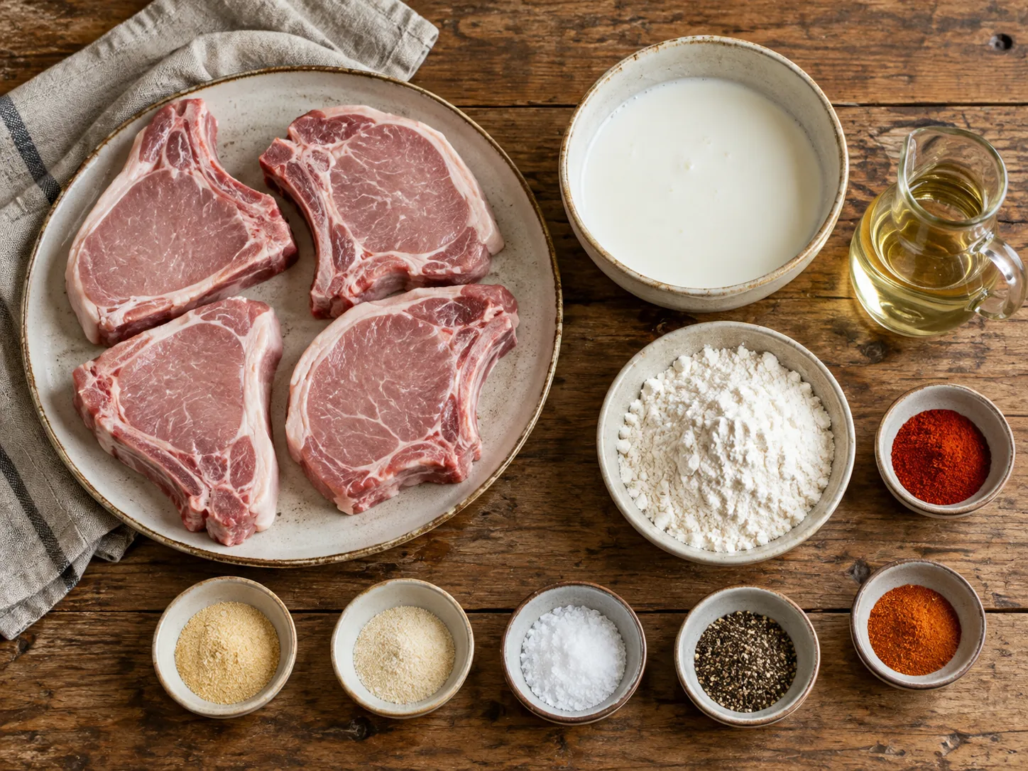 Bone-in pork chops, buttermilk, flour and seasonings