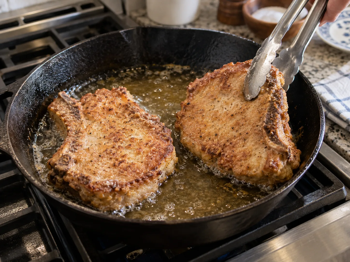 Pork chops shallow-frying in a cast-iron skillet