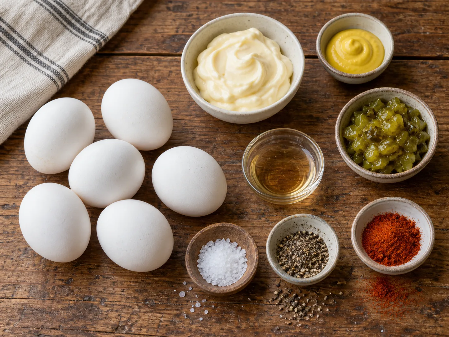 Eggs, mayonnaise, mustard, relish, vinegar and seasonings