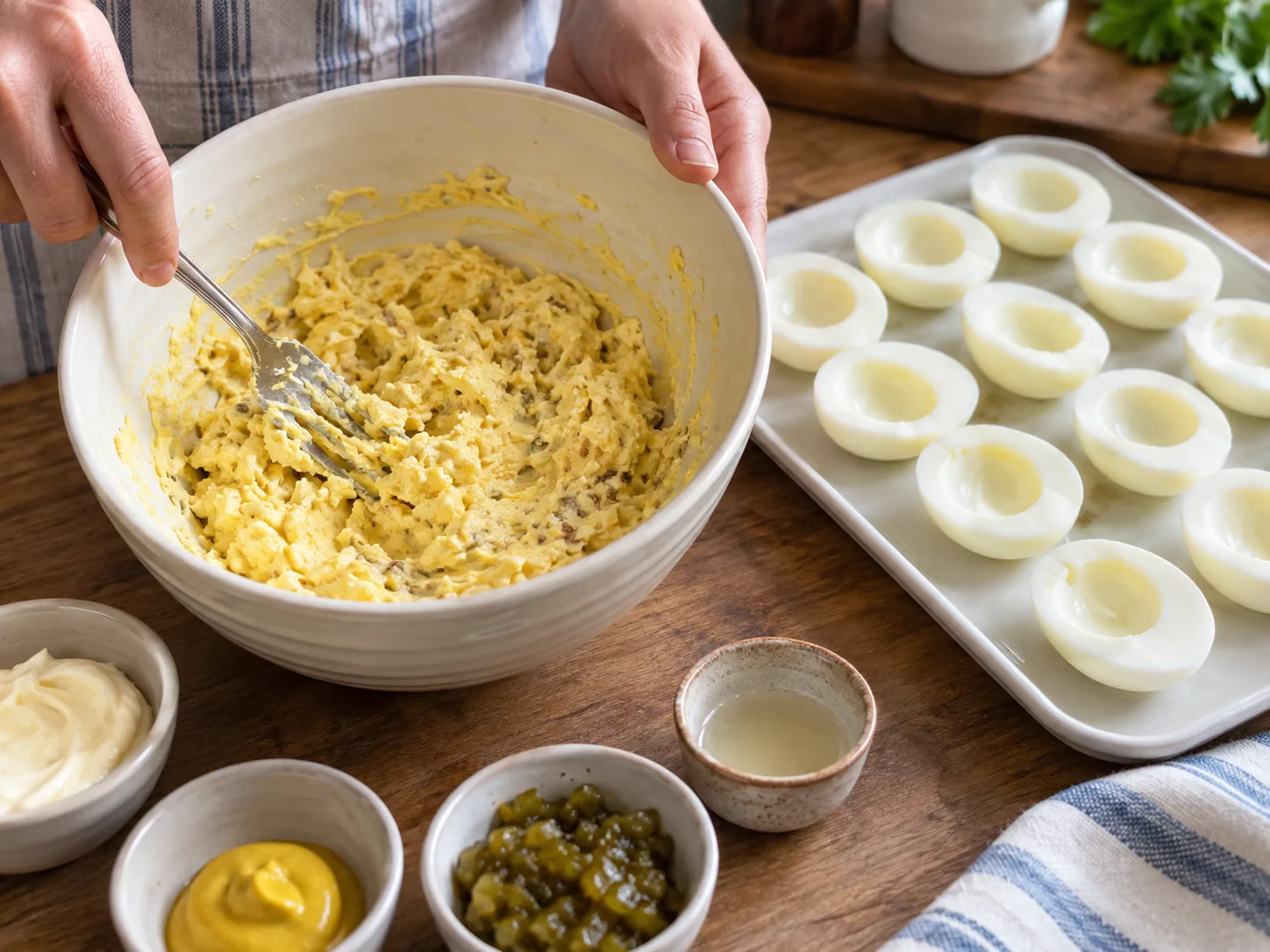 Cooked egg yolks being mixed for deviled egg filling