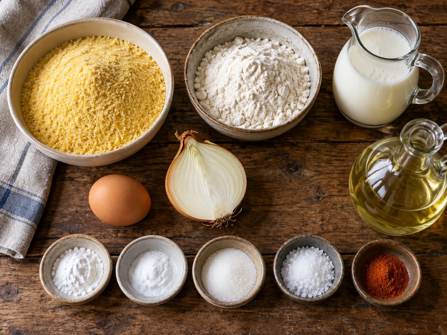 Cornmeal, flour, buttermilk, egg, onion and seasonings