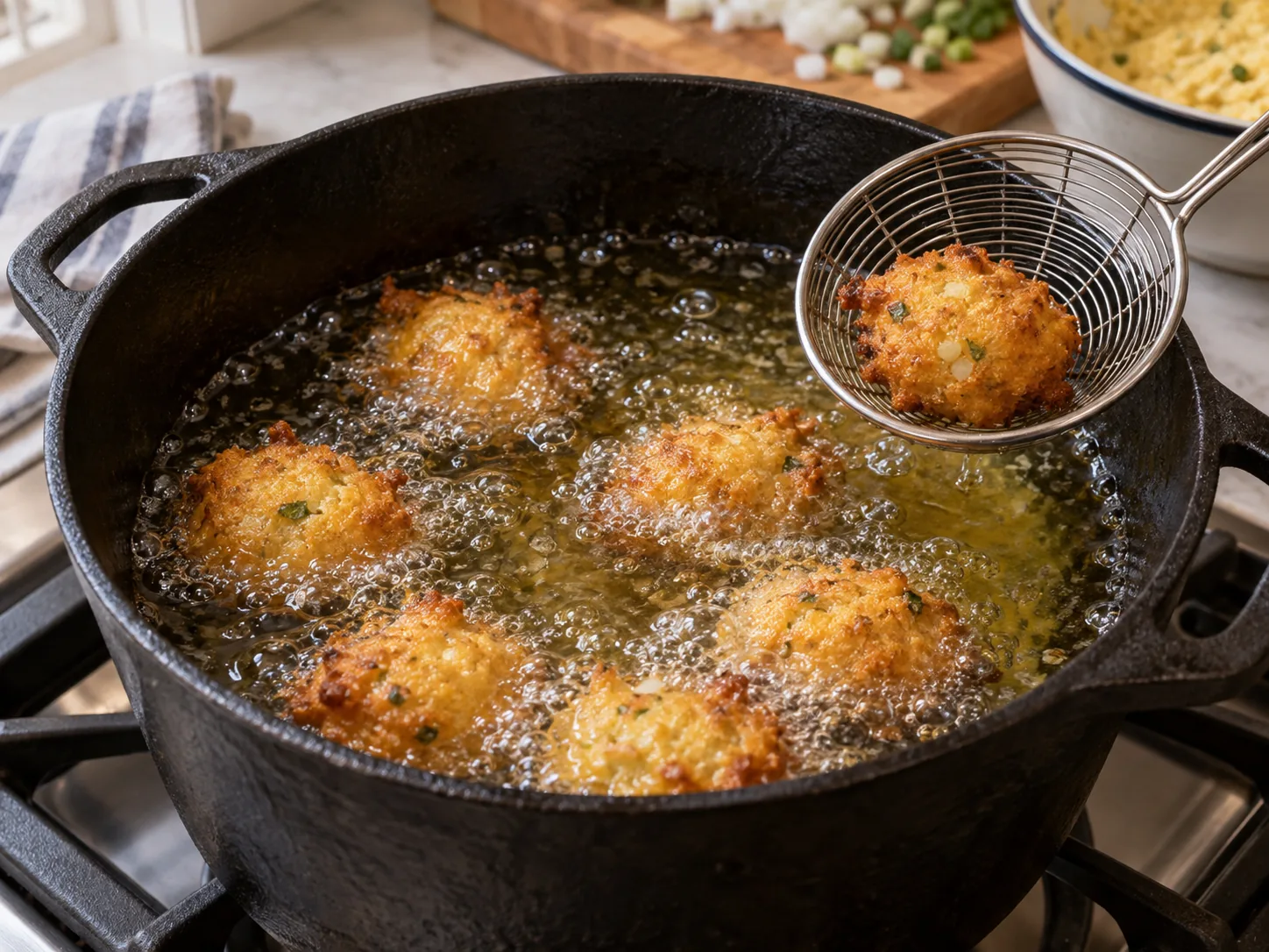 Hush puppies frying in hot oil in a cast-iron pot