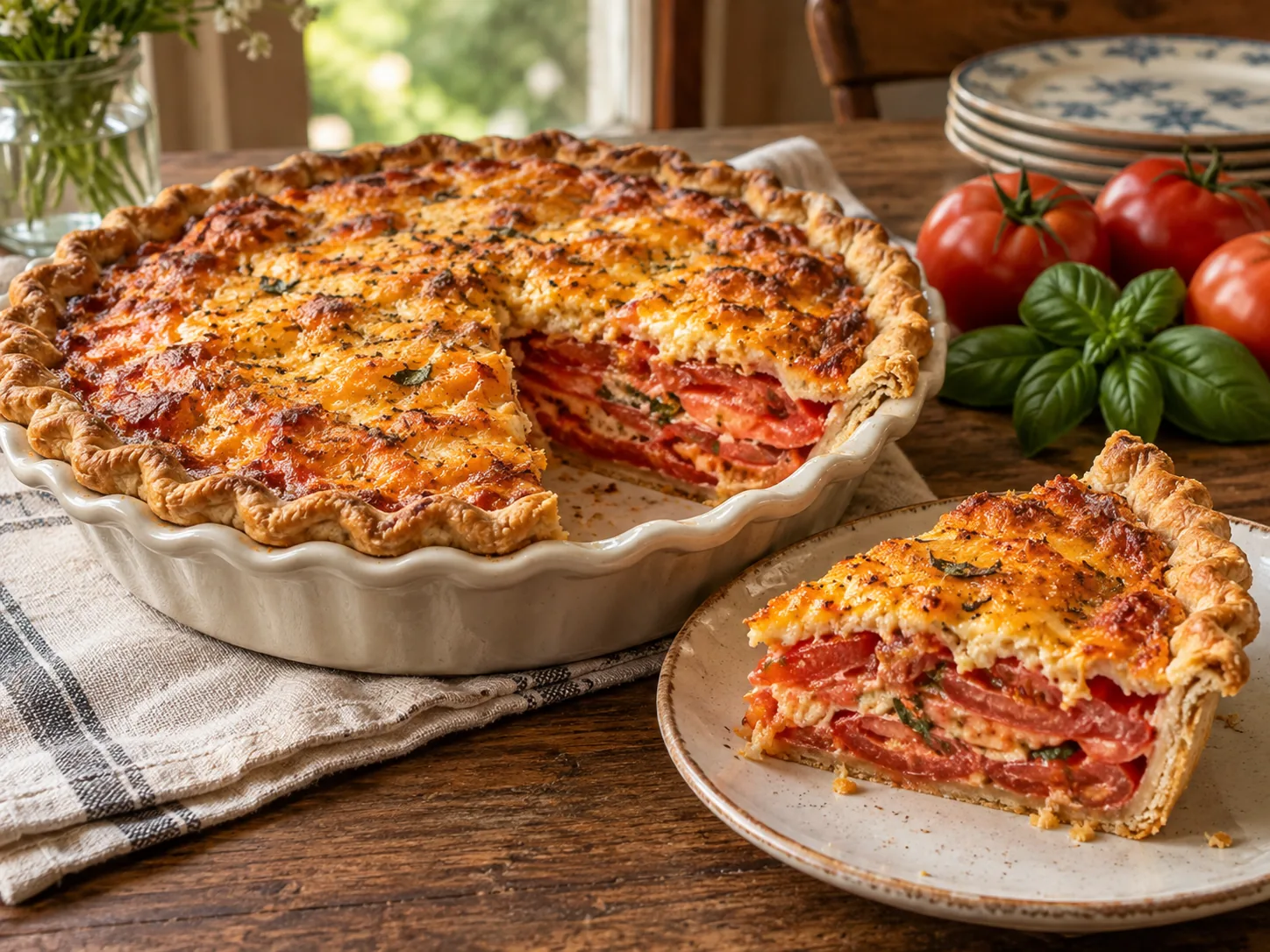 Southern tomato pie with golden cheese topping
