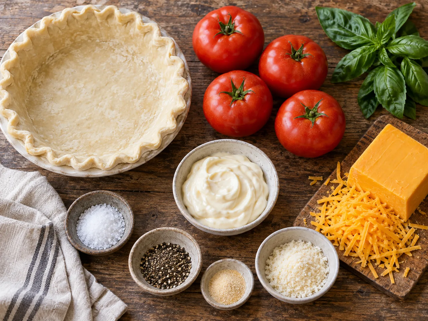 Tomatoes, pie crust, cheese, mayonnaise and basil