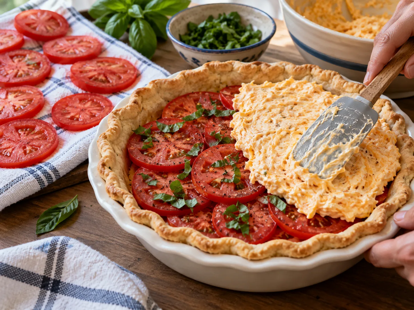 Drained tomatoes and cheese topping being layered in a crust