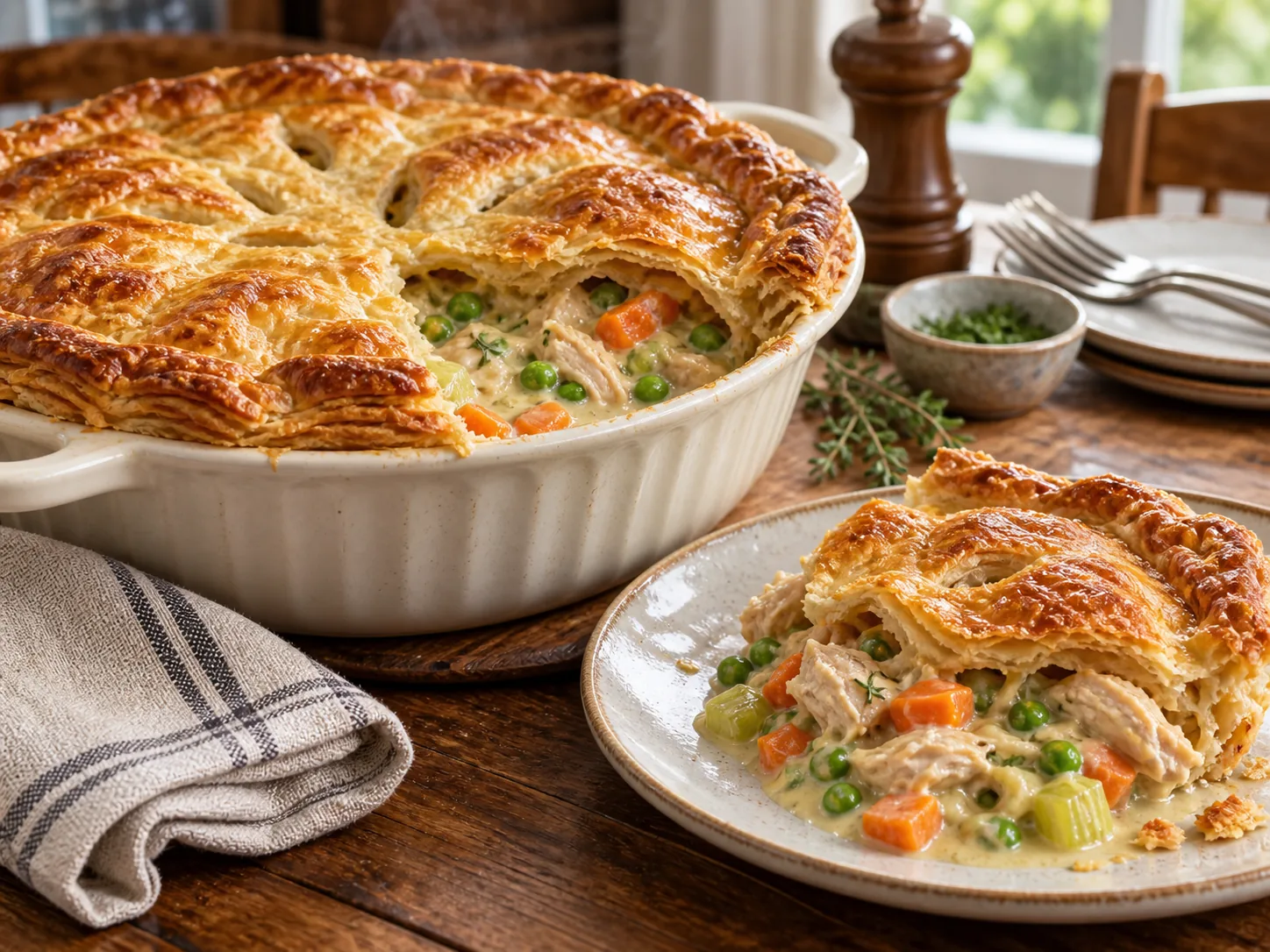Golden homemade chicken pot pie with flaky puff pastry crust