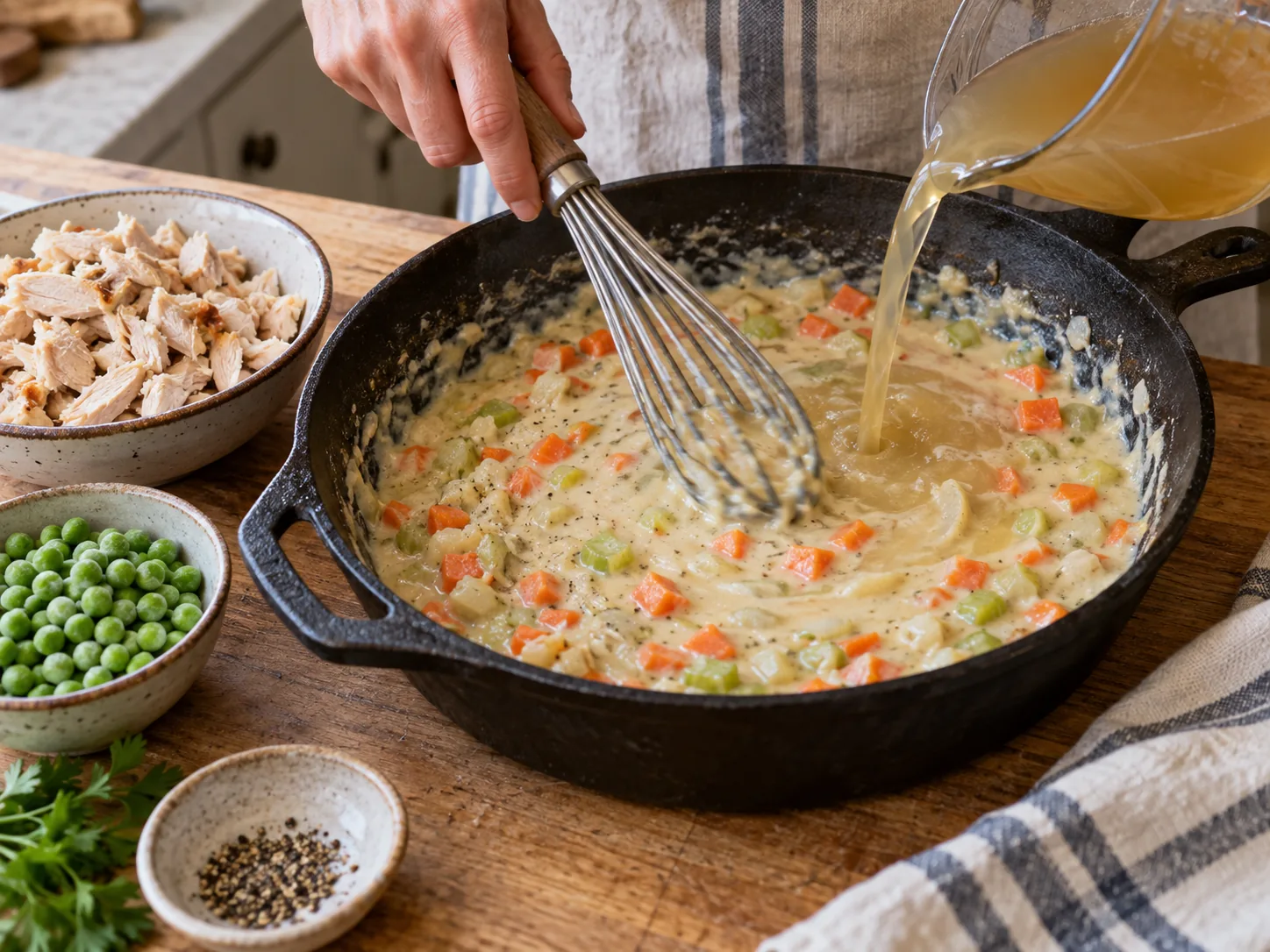 Whisking broth into creamy chicken pot pie filling in a cast-iron skillet