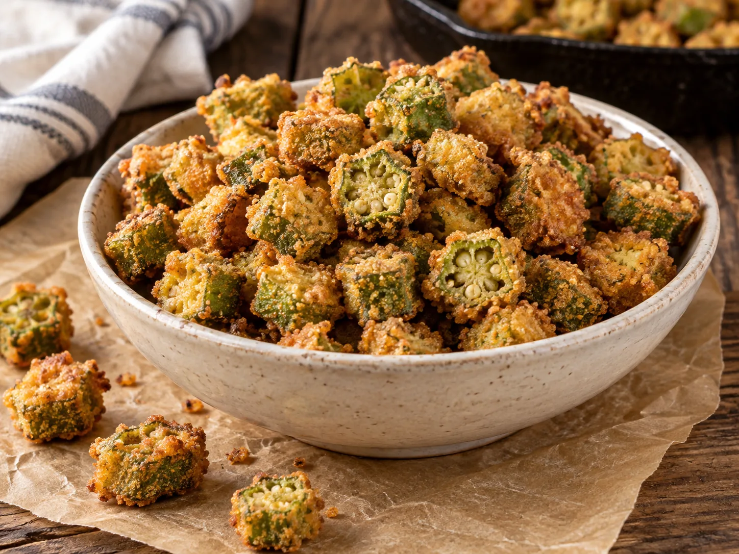 Crisp Southern fried okra with golden cornmeal coating