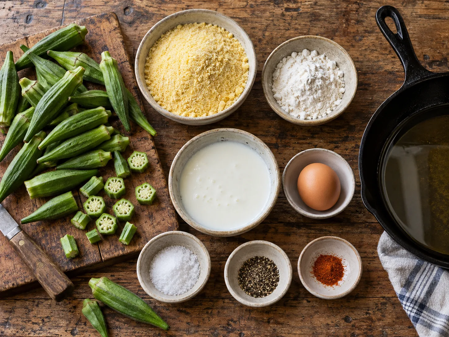 Fresh okra, cornmeal, flour, buttermilk, egg and seasonings