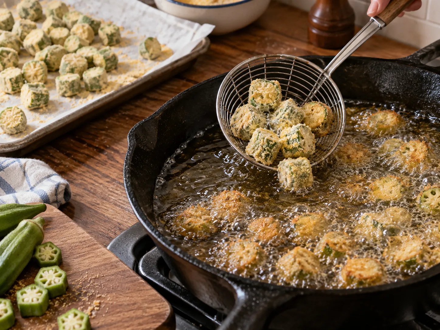 Cornmeal-coated okra frying in a cast-iron skillet