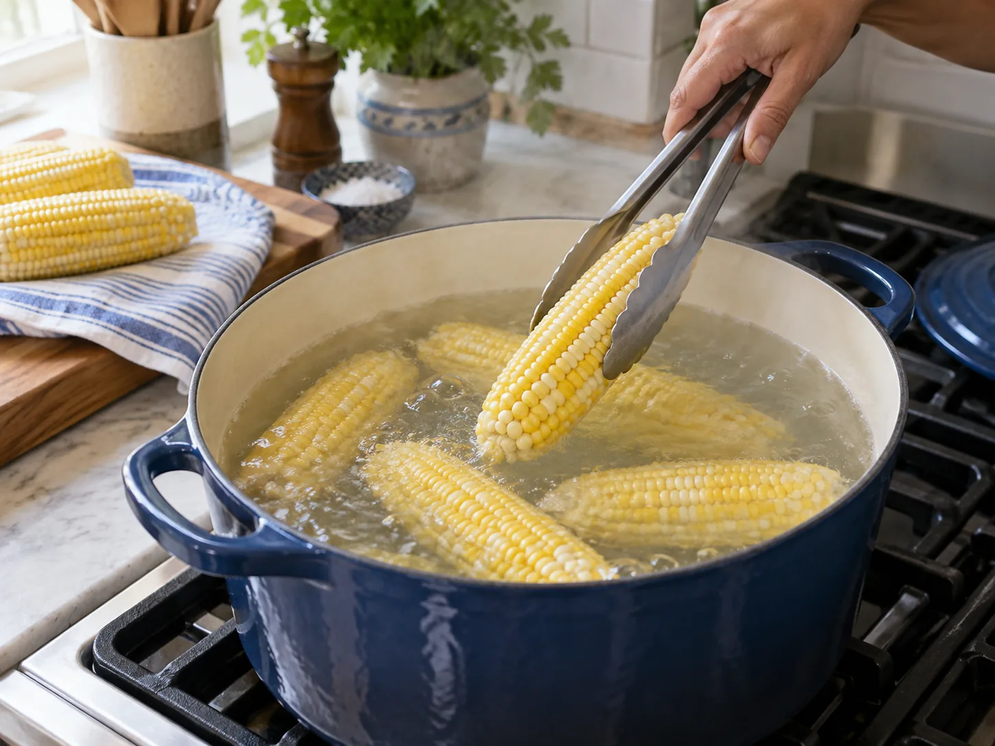 Lowering fresh ears of corn into gently boiling water