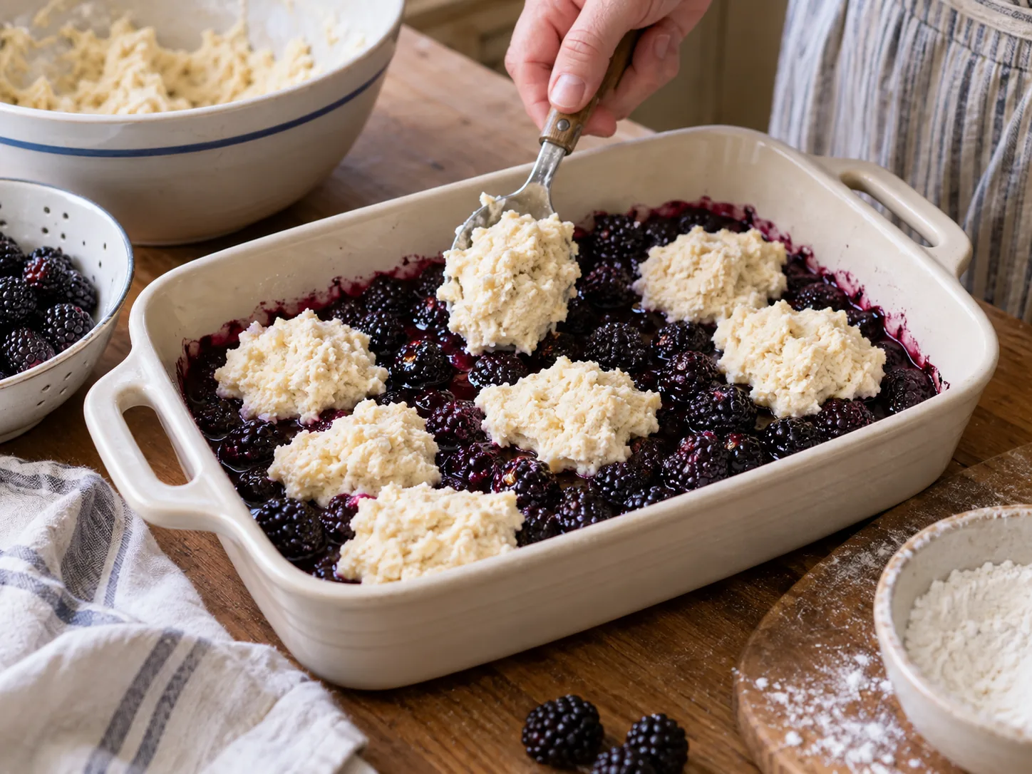 Placing biscuit topping over blackberry filling