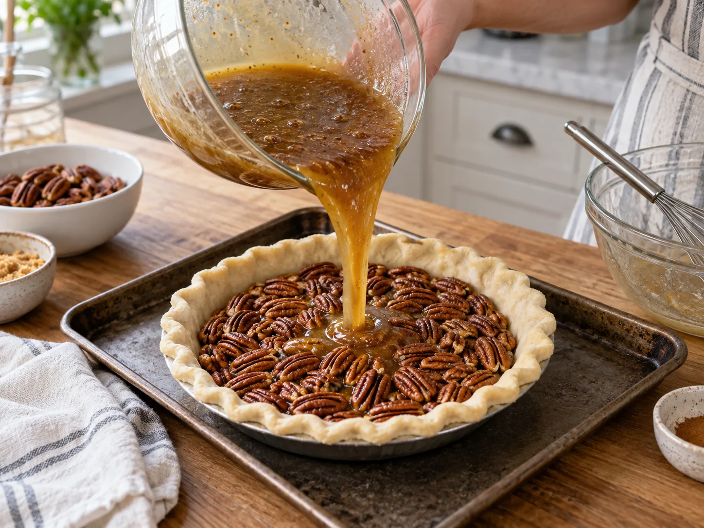 Pouring pecan pie filling into an unbaked shell