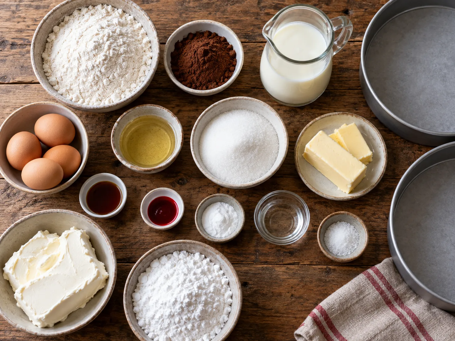 Ingredients for red velvet cake and cream cheese frosting