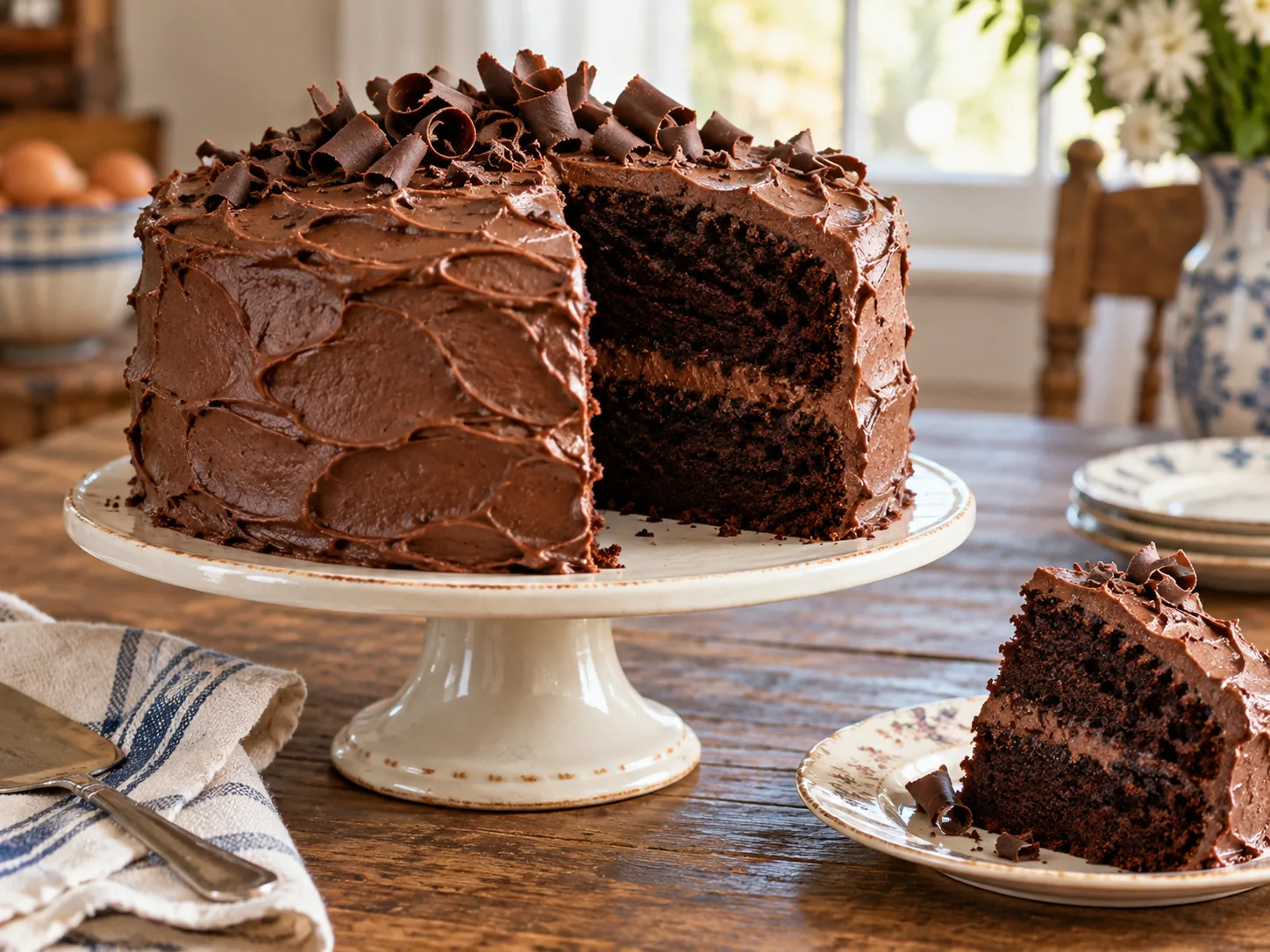 Moist Southern chocolate layer cake with chocolate buttercream