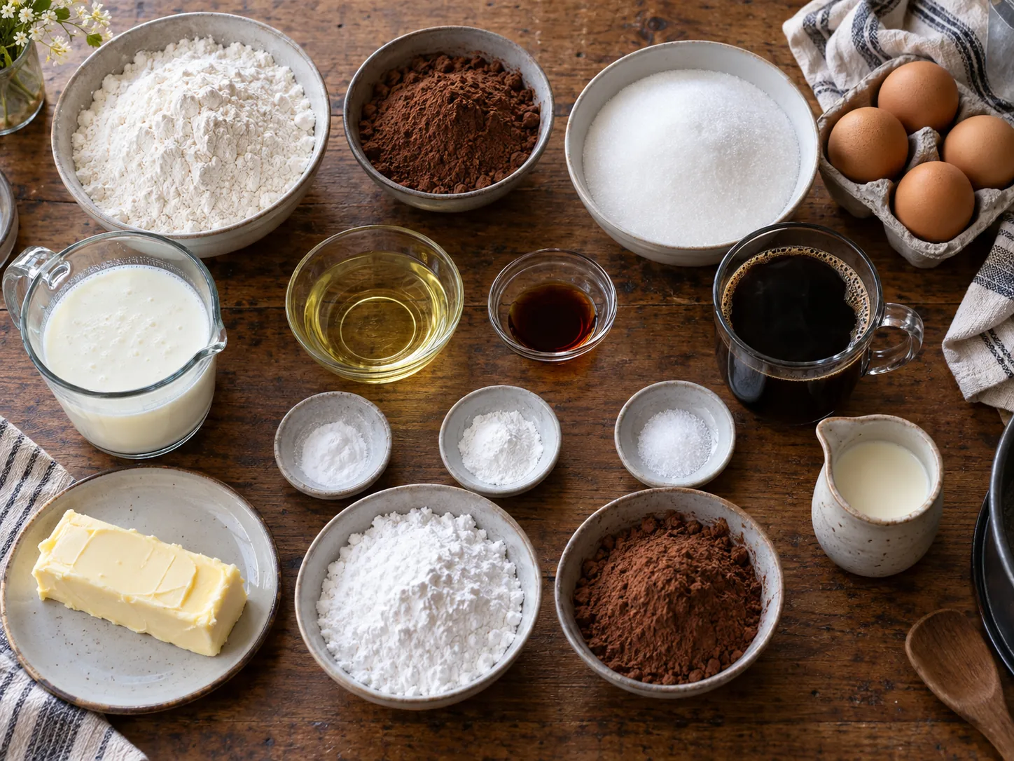 Measured ingredients for chocolate cake and cocoa buttercream