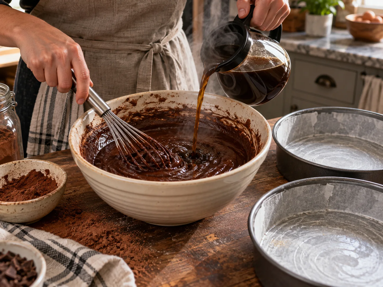 Hot coffee being whisked into dark chocolate cake batter