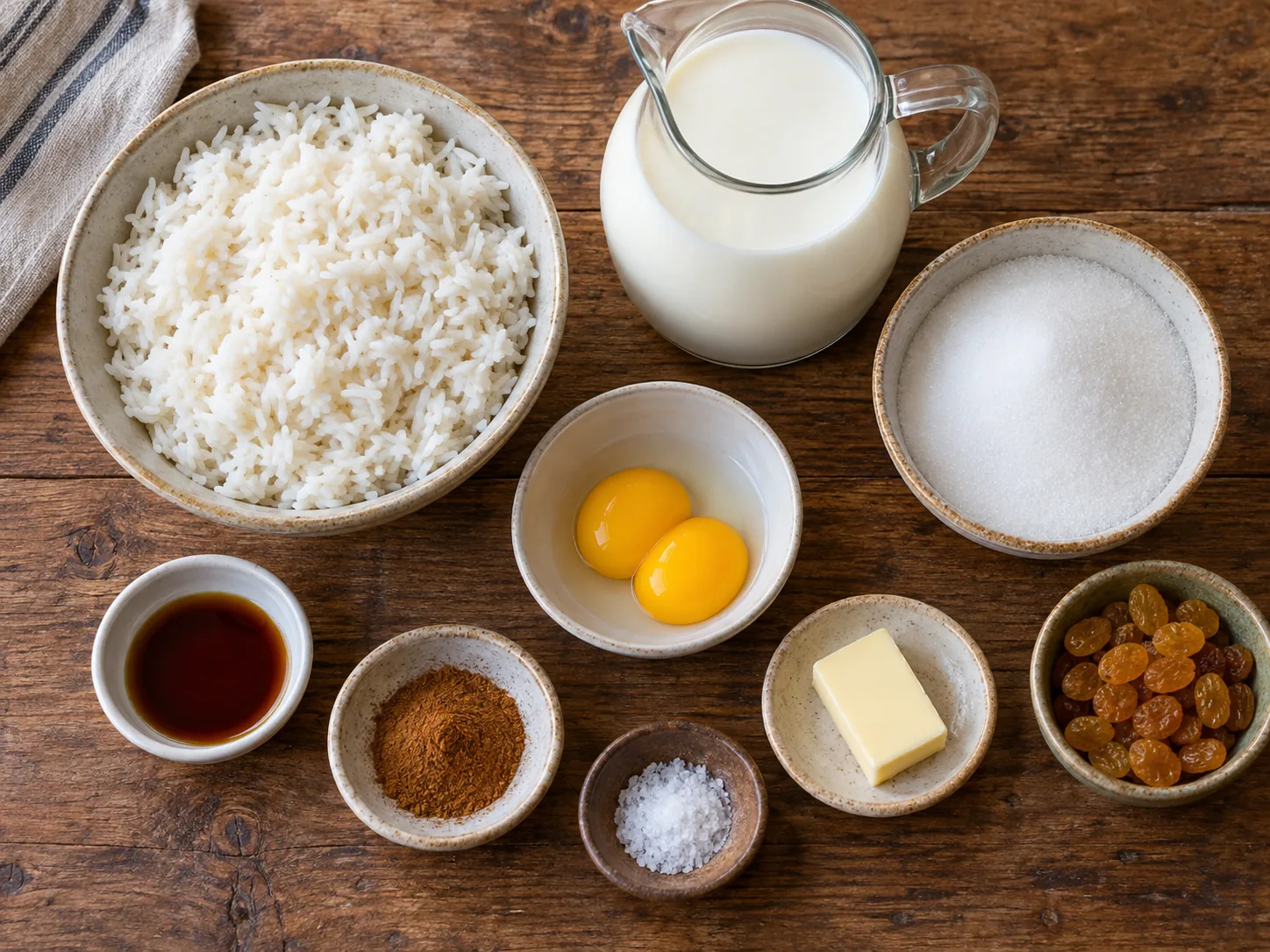Ingredients for rice pudding including cooked rice milk egg yolks and cinnamon