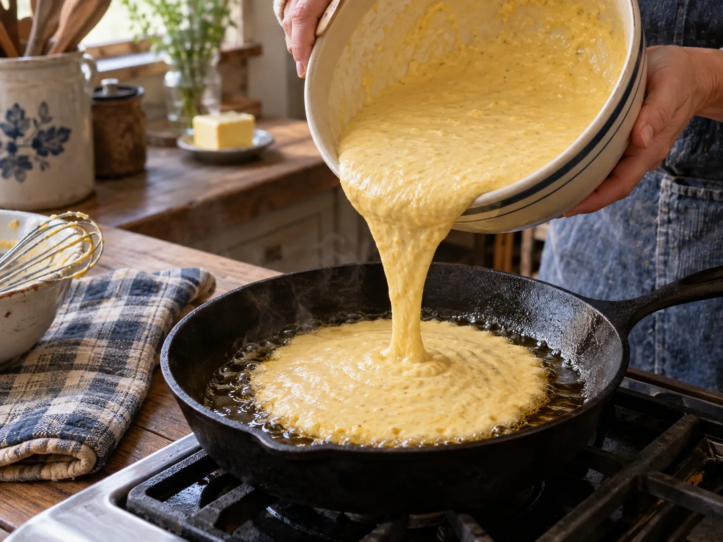 Cornbread batter poured into a sizzling hot cast-iron skillet
