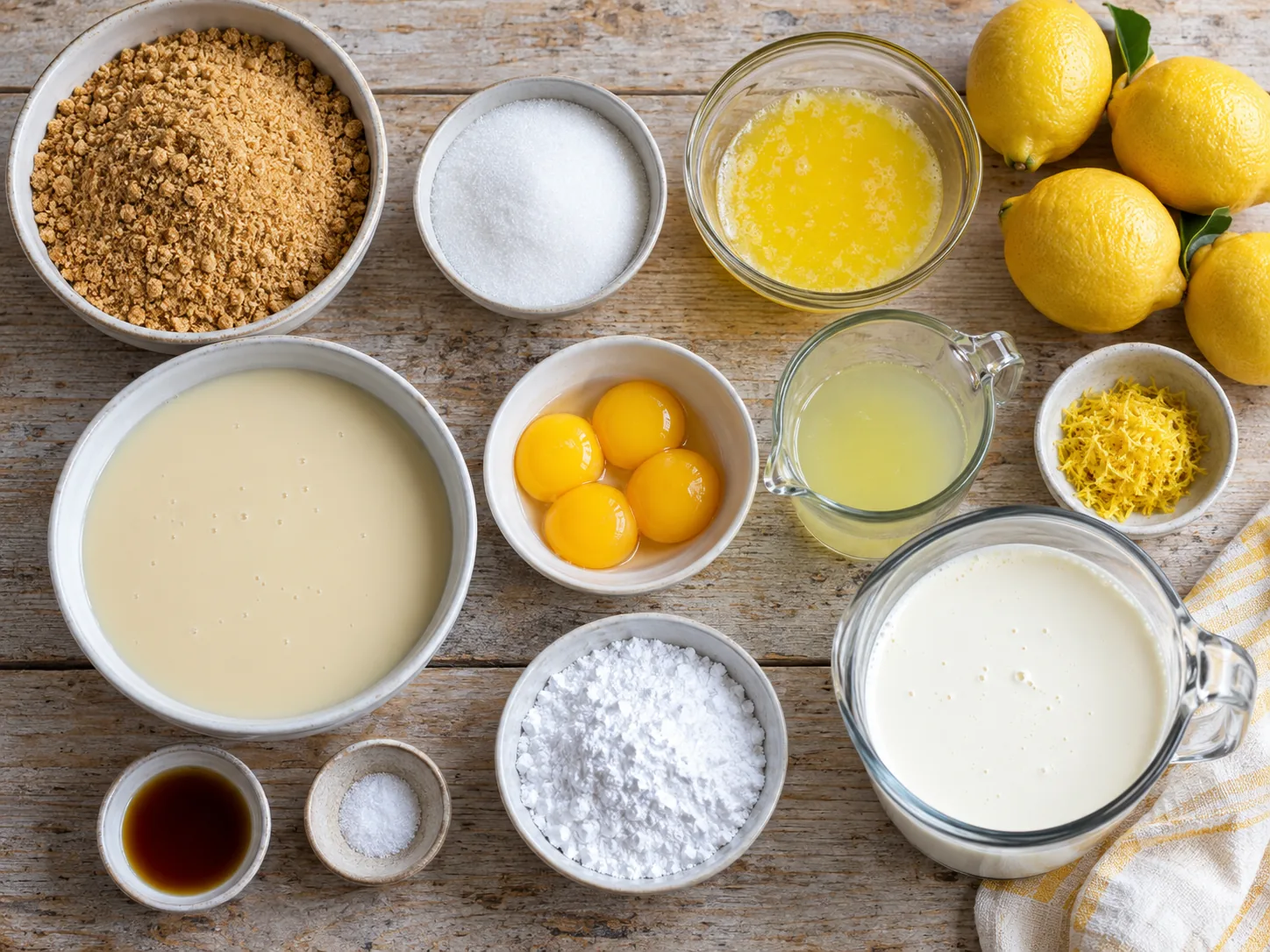 Fresh lemons condensed milk egg yolks graham crumbs and cream